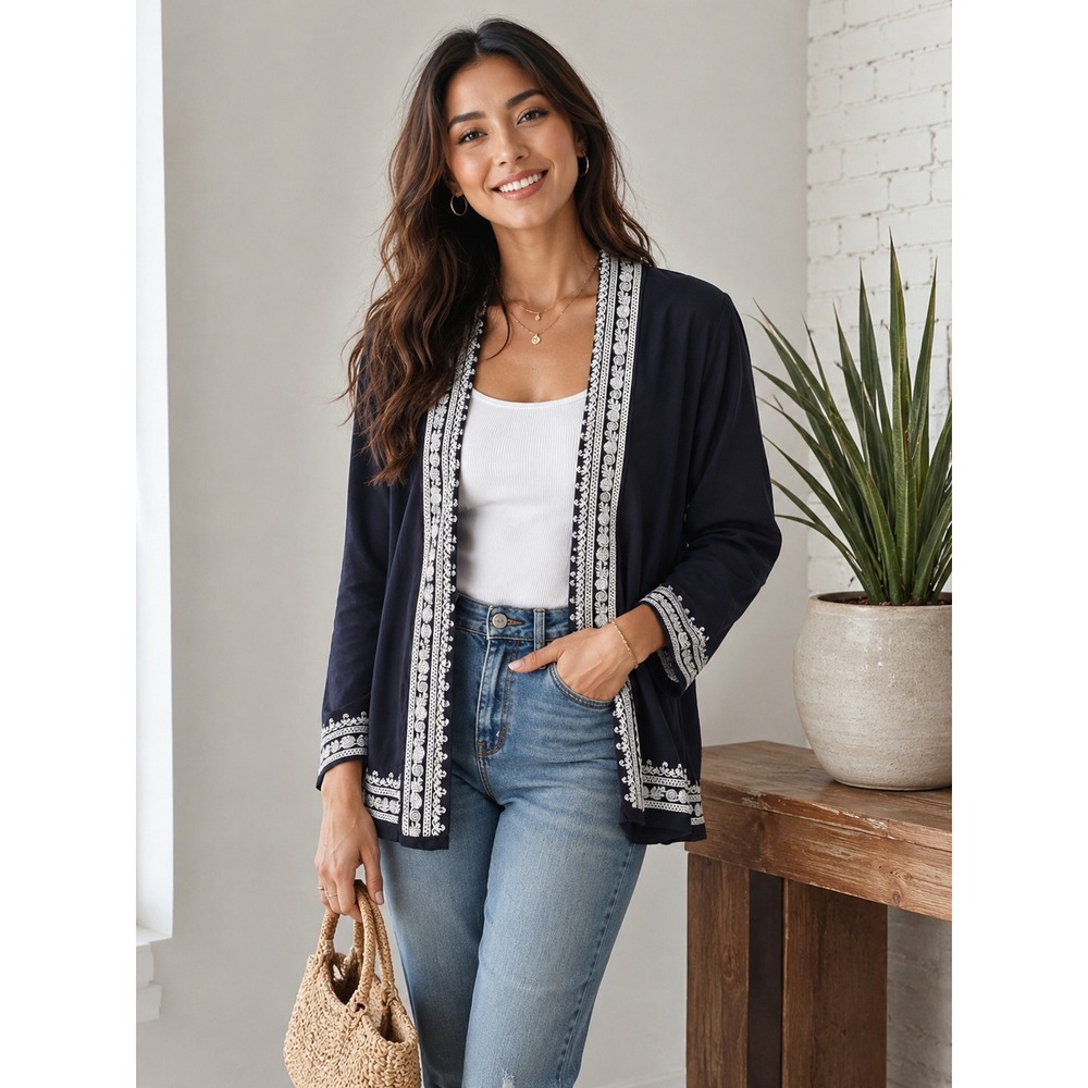 Lucky Brand Festival Boho Chic Embroidered Cardigan Cotton Kimono Jacket Size S